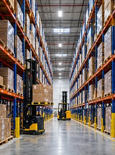 Narrow aisle with forklift and floor-to-ceiling racking