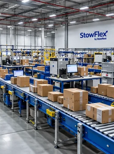 StowFlex warehouse in Pune: Packing stations and conveyor line