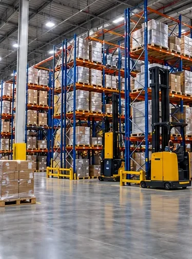 Reach trucks working high-bay pallet racking in a StowFlex warehouse